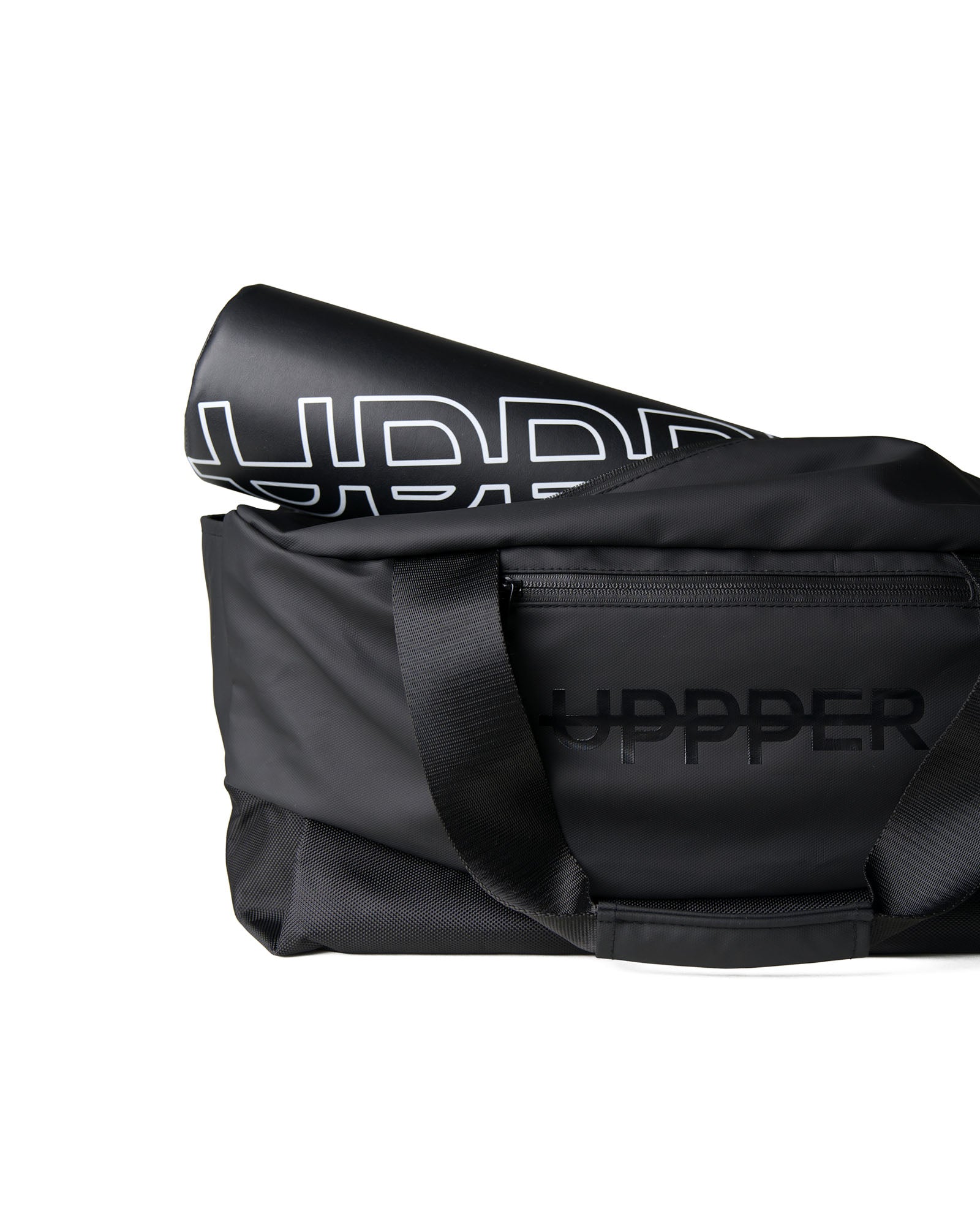 uppper gym bag black with barbell pad inside of it