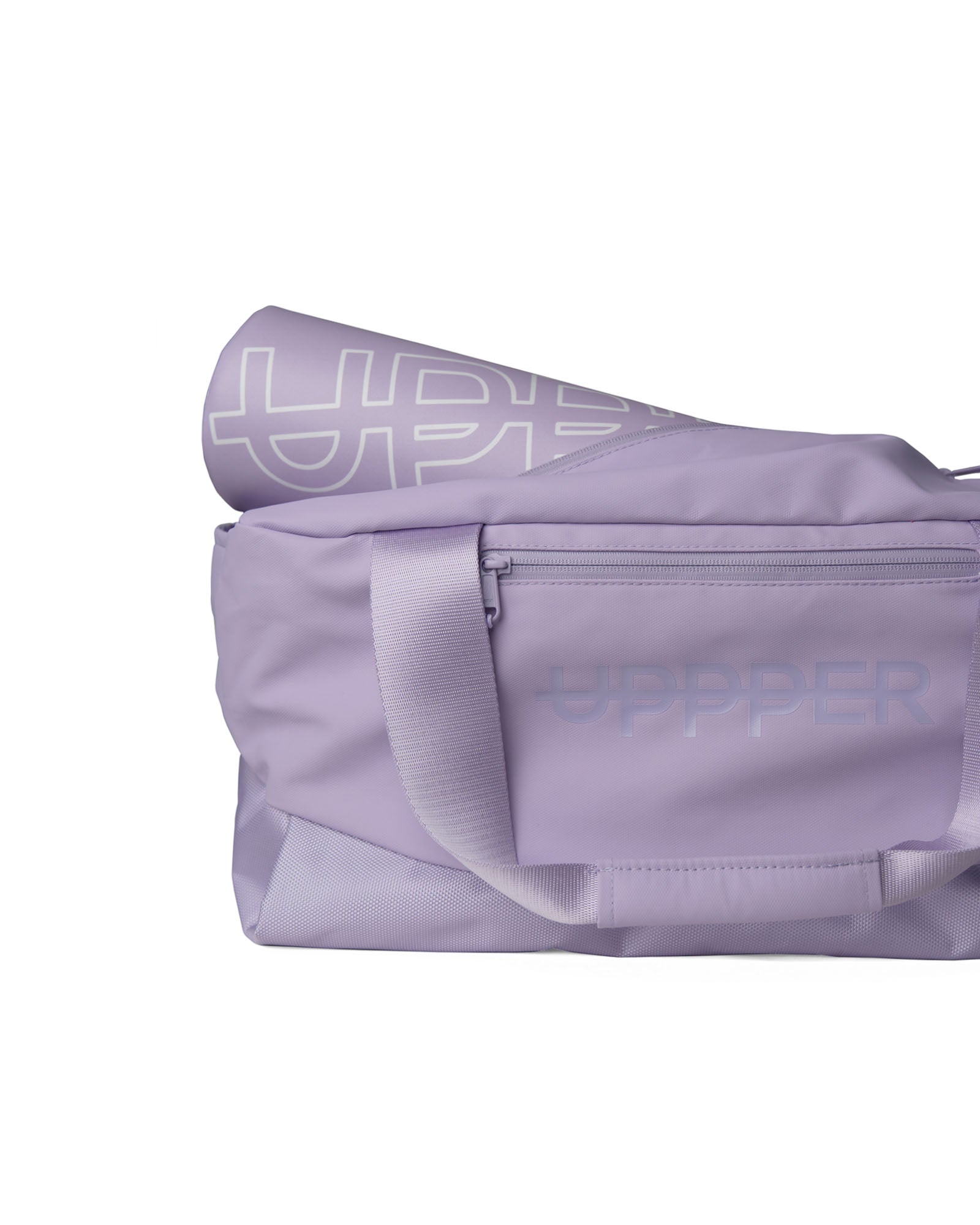 uppper gym bag lavender with barbell pad inside of it