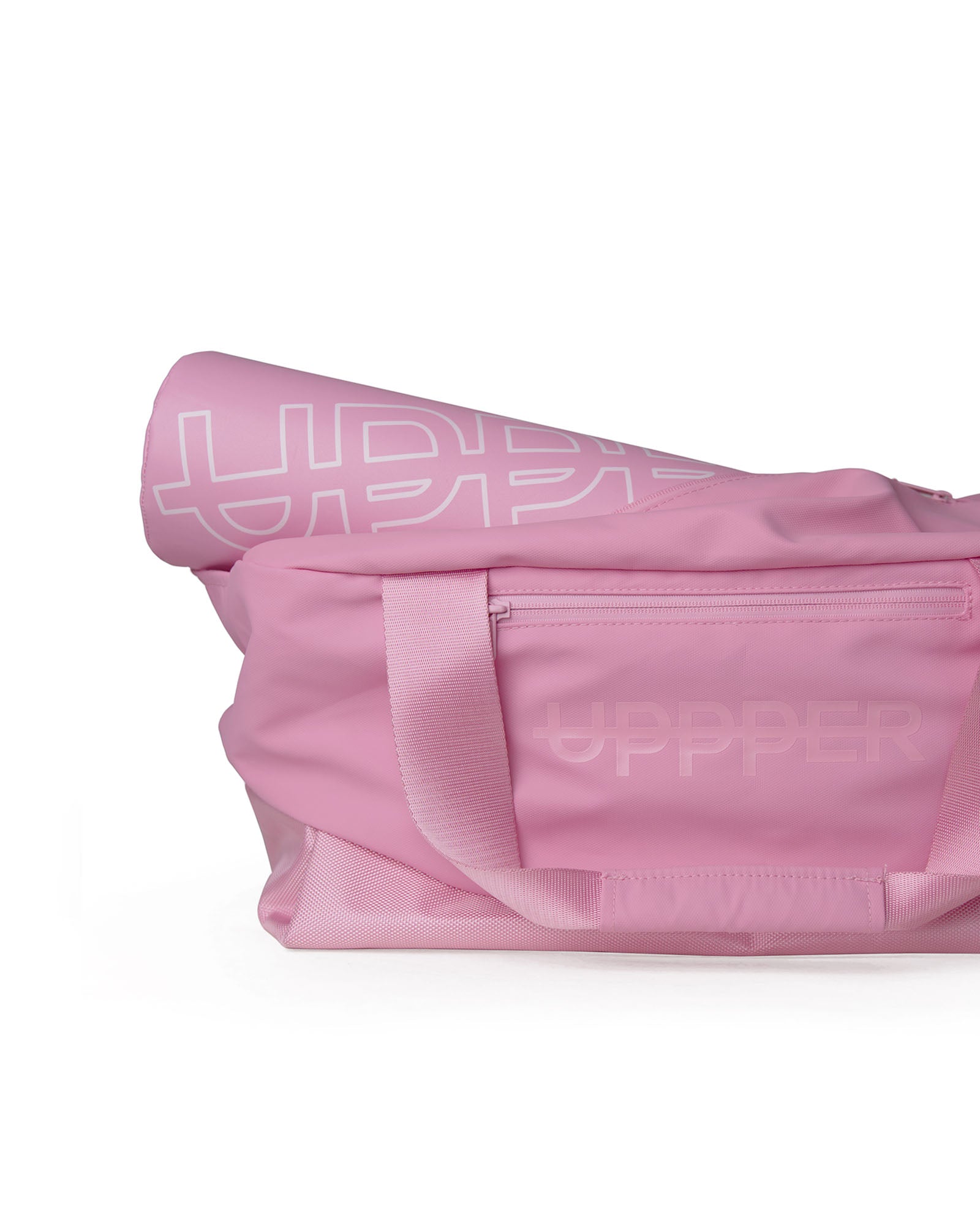 uppper gym bag pink with barbell pad inside of it