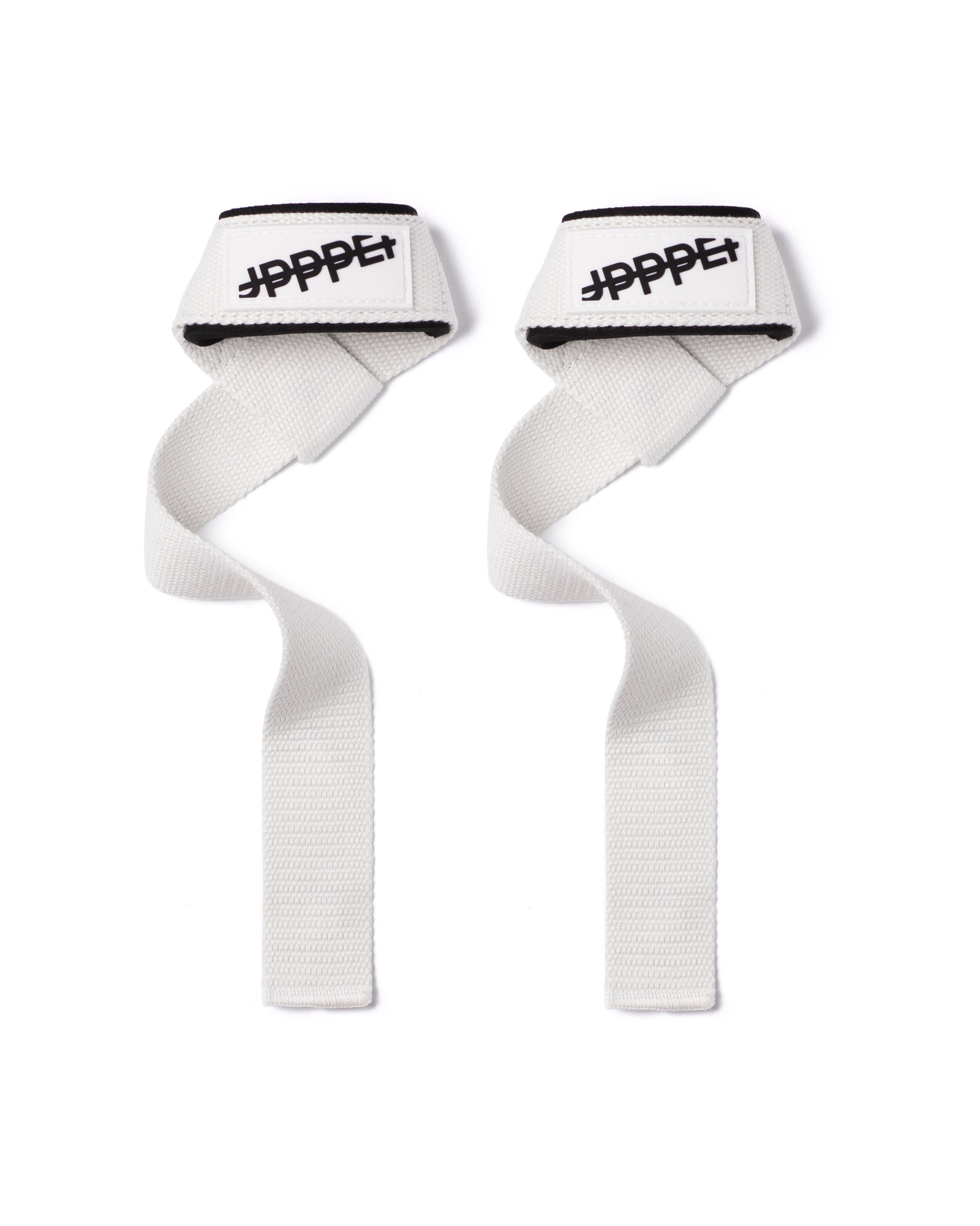 pair of white uppper lifting straps 2.0 standing upright on white background